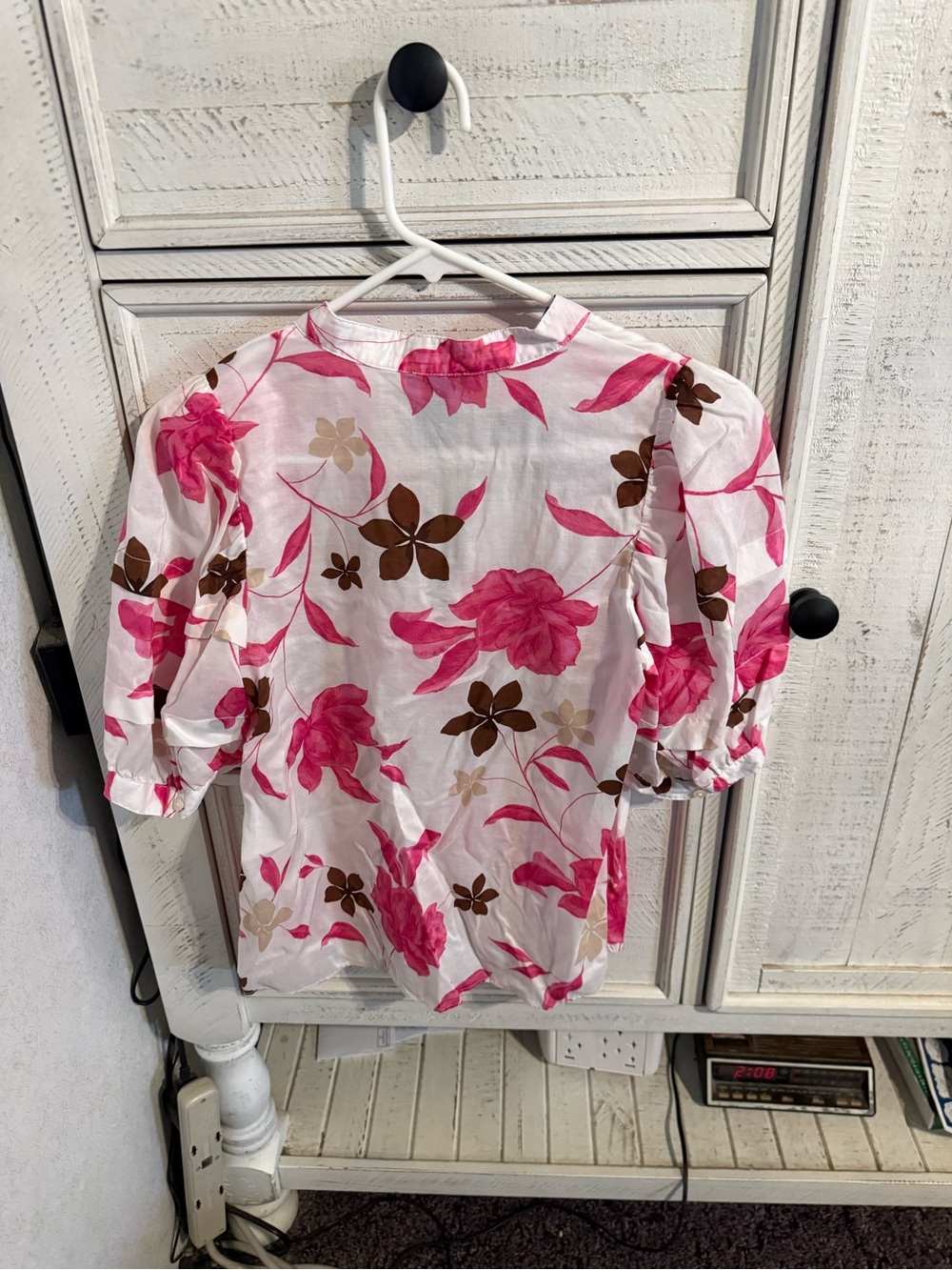 Ann Taylor White Blouse with Pink and Brown Floral Print